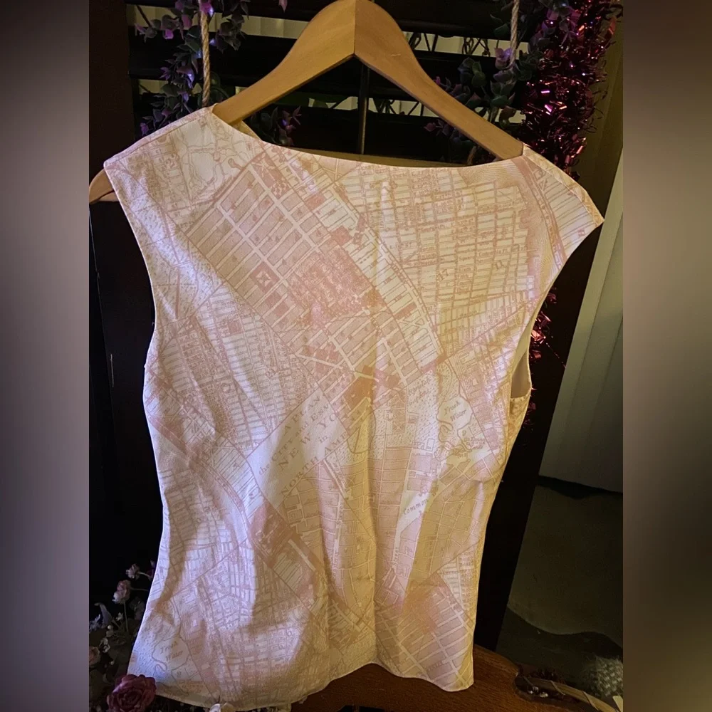 Ivory & Peach Patterned Cowl Drape Neck Sleeveless Lined Blouse Top, ๐ฏ Silk - Picture 2 of 4